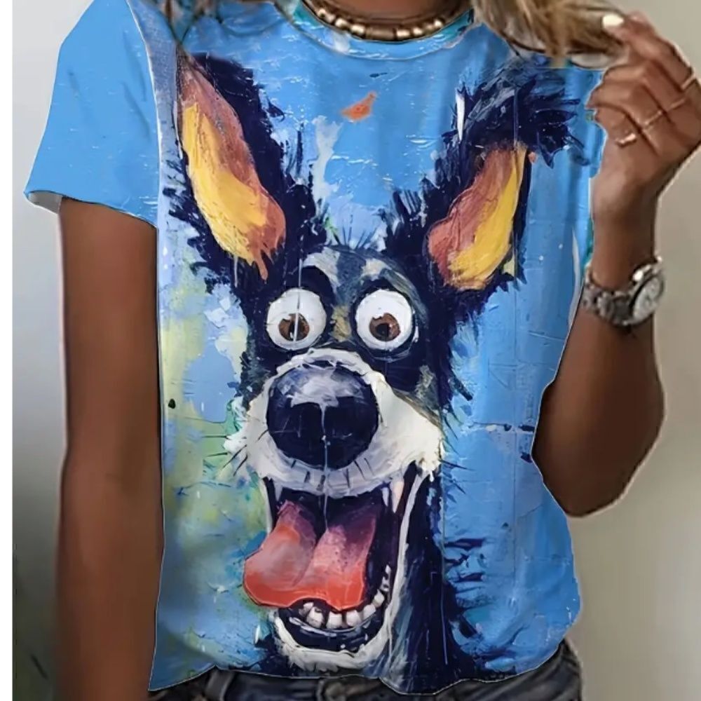 Scared Dog Print Blue Crew Neck T-shirt Short Sleeve Casual Top Surprised Pooch